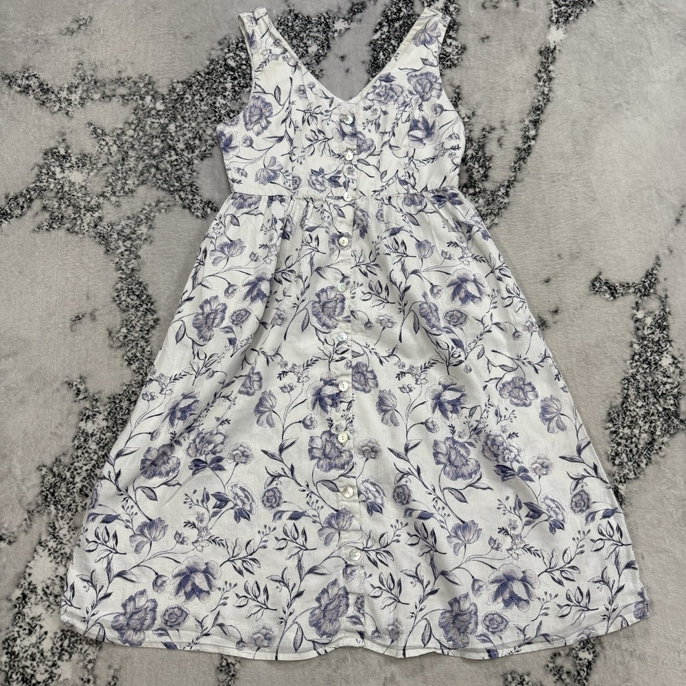 Cynthia Rowley 100% Linen Floral Midi Dress Womens 6 White Blue Fit Flare Coasta - Picture 2 of 11